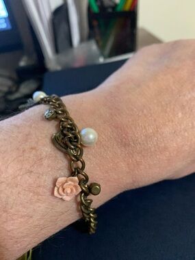 Claire's Bronze Charm Bracelet with Pink Rose and Pearl Accents